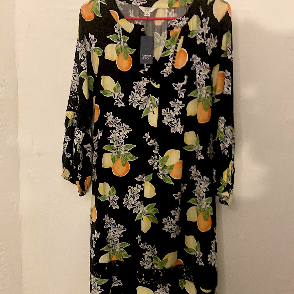 Crown and ivy knee length dress with three-quarter sleeves, crocheted arms.